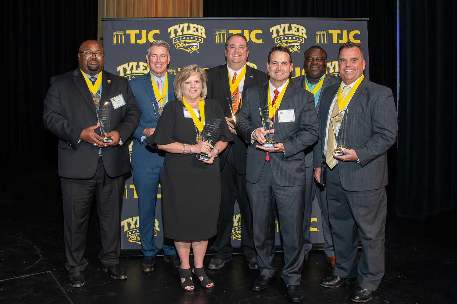 TJC superintendents, from left, alumni awards honorees Damenion Miller, Winona ISD superintendent; Stan Surratt, Lindale ISD superintendent; Dr. Donni Cook, Chapel Hill ISD superintendent (retired); J. Cody Mize, Mineola ISD superintendent; Don Dunn, Van ISD superintendent; Lamond Dean, Chapel Hill ISD superintendent; and Dr. Marty L. Crawford, Tyler ISD superintendent. Not pictured: Micah Lewis, Grand Saline superintendent.